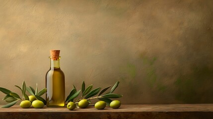 Wall Mural - Olive oil. A bottle of olive oil sits on a wooden table, accompanied by fresh olives and green leaves, against a textured, earthy background.