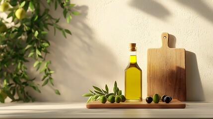 Wall Mural - Olive oil. A bottle of olive oil beside fresh olives and a wooden cutting board, with greenery in the background, showcasing a natural and healthy culinary setting.