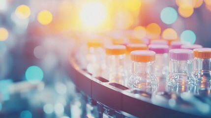 Poster - Bottles on a conveyor belt with a bright, blurred background.