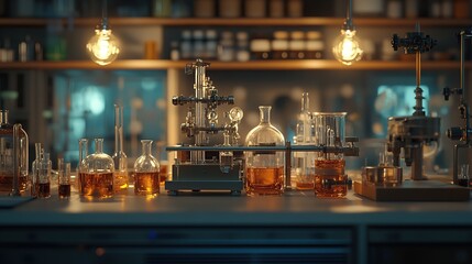 Poster - A laboratory scene featuring various glassware and equipment for scientific experiments.