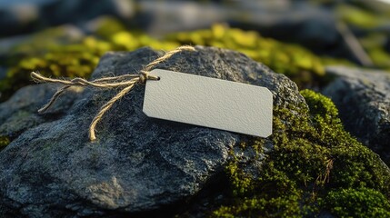 Poster - A blank tag resting on a moss-covered rock in a natural setting.