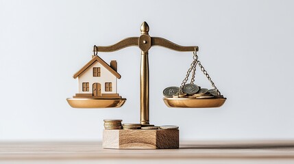 Aufkleber - a balance scale comparing a house and coins, symbolizing real estate value.