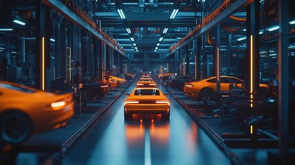 Poster - Futuristic car manufacturing facility with illuminated vehicles on assembly line.