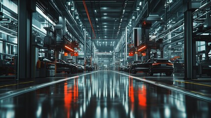 Poster - A futuristic automotive factory with sleek cars and vibrant lighting.