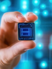 Leinwandbilder - A hand displays a micro biochip featuring a holographic screen that shows various health metrics in a high-tech environment. Generative AI