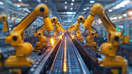 Poster - A high-tech industrial setting with robotic arms working on a production line.