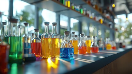 Poster - A vibrant display of colorful laboratory glassware filled with various liquids.