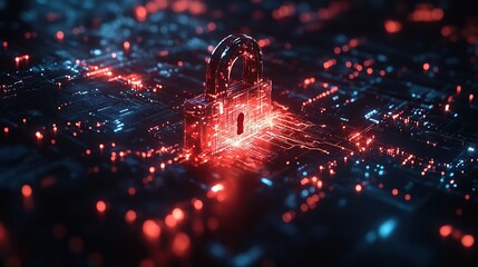 Poster - A digital lock symbolizing cybersecurity amidst glowing circuitry.
