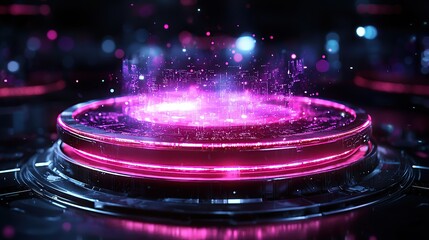 Poster - A futuristic holographic display with vibrant pink and blue light effects.