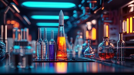 Poster - A futuristic laboratory with various glassware and a rocket model.