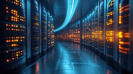 Poster - A futuristic data center with glowing server racks and reflective flooring.