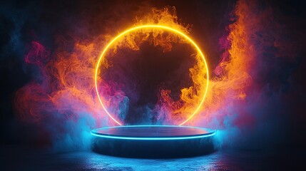 Poster - A vibrant circular neon light surrounded by colorful smoke on a dark background.