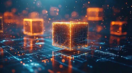 Poster - Abstract digital cubes with glowing edges in a futuristic environment.