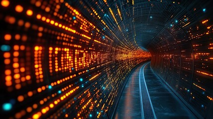 Poster - A futuristic tunnel illuminated with vibrant lights and patterns.