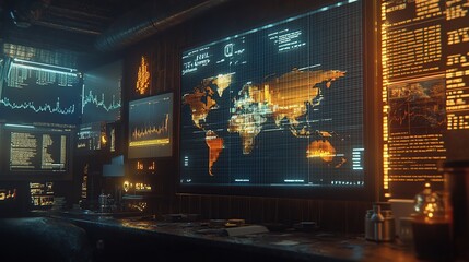 Poster - A high-tech control room displaying global data analytics and digital maps.