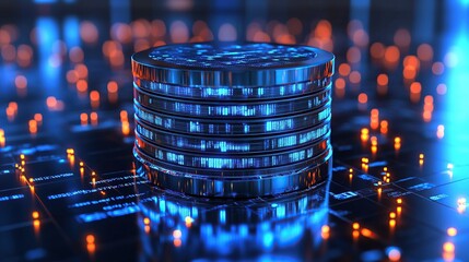 Poster - A stack of shiny digital coins on a high-tech background with glowing lights.