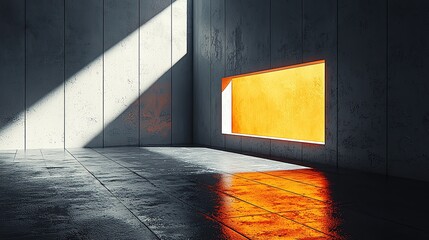 Poster - A minimalist interior with light casting shadows and an orange accent window.