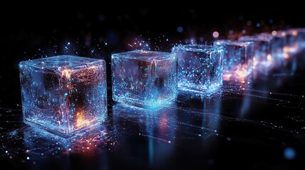 Aufkleber - Futuristic glowing ice cubes with particles in a dark background.