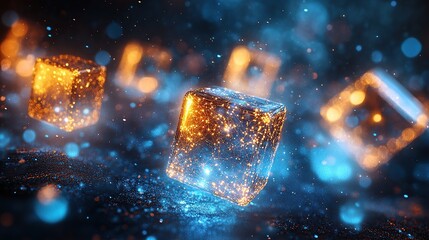 Poster - A vibrant, glowing scene of floating cubes with sparkling effects in a dark background.