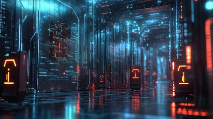 Poster - A futuristic corridor filled with glowing data panels and digital interfaces.