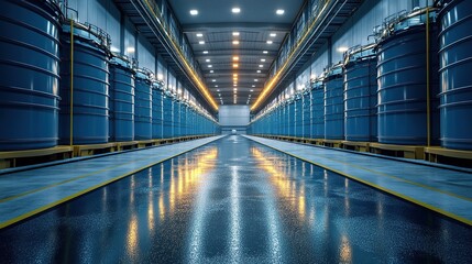 Poster - A spacious industrial facility filled with large blue storage tanks and reflective floors.