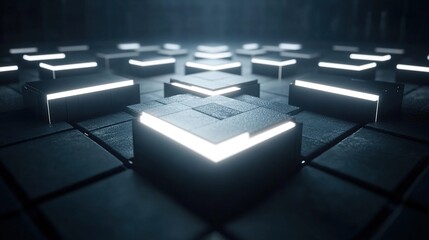 Poster - Futuristic scene with illuminated geometric blocks on a dark surface.