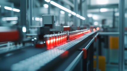 Poster - A close-up view of a conveyor belt in a manufacturing facility with illuminated bottles.