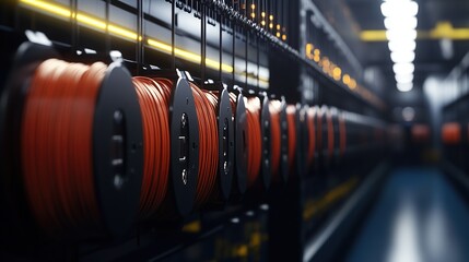 Poster - Close-up of spools with orange cables in a high-tech server environment.
