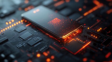 Poster - A smartphone on a circuit board, illuminated with glowing particles and circuitry.