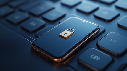 Poster - A smartphone with a lock symbol resting on a keyboard, symbolizing digital security.