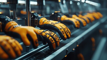 Poster - Close-up of industrial gloves on a production line, highlighting safety and efficiency.
