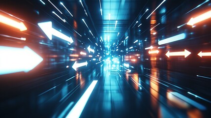 Poster - Abstract futuristic scene with dynamic light trails and arrows suggesting movement.