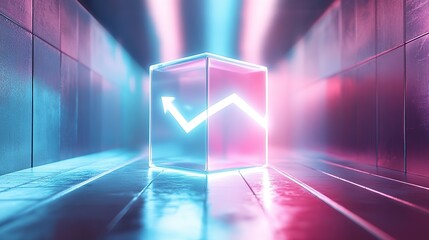 Poster - A glowing cube with a rising graph in a futuristic corridor.