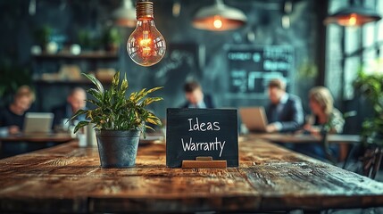 Aufkleber - A stylish workspace featuring a plant, light bulb, and a sign about ideas and warranty.