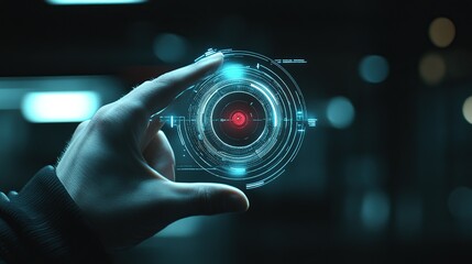 Aufkleber - A hand interacting with a futuristic holographic interface featuring a red target.