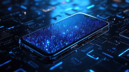 Poster - A smartphone on a circuit board background, showcasing digital technology.