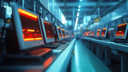 Poster - A row of computers in a high-tech industrial setting, glowing with orange lights.