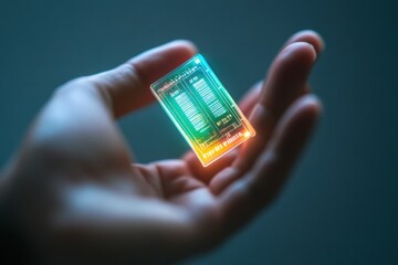 Leinwandbilder - A hand is holding a micro biochip that projects holographic health metrics in a futuristic environment. Generative AI