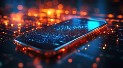 Poster - A smartphone on a digital surface, illuminated with vibrant lights and patterns.
