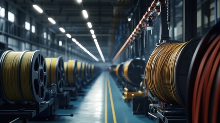 Poster - Industrial setting with spools of cable arranged along a factory floor.