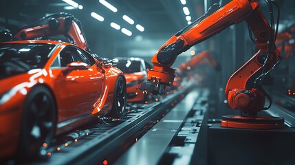 Poster - Robotic arms assembling red cars in a modern automotive factory.