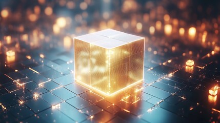 Poster - A glowing cube surrounded by luminous blocks in a futuristic digital environment.