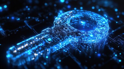 Poster - A digital key composed of glowing particles, symbolizing cybersecurity and protection.