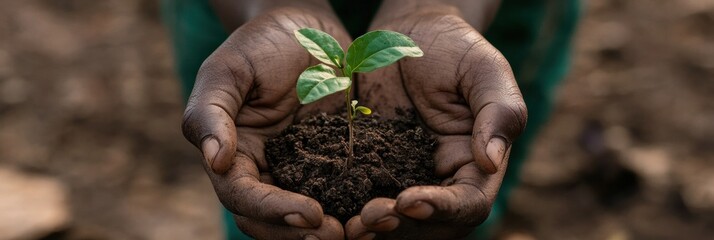 Poster - Two hands cradle a delicate seedling with rich soil, representing care for nature and a commitment to environmental sustainability. Generative AI