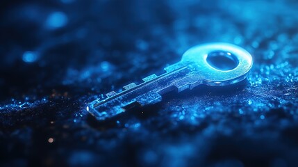 Poster - A close-up of a translucent blue key on a textured surface, conveying mystery.