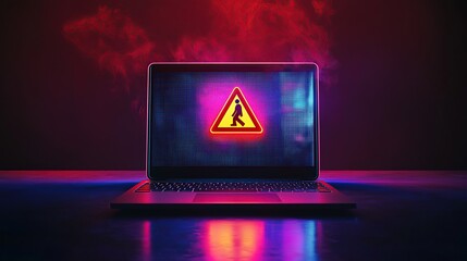 Poster - A glowing laptop displays a caution sign with a pedestrian symbol against a dark background.