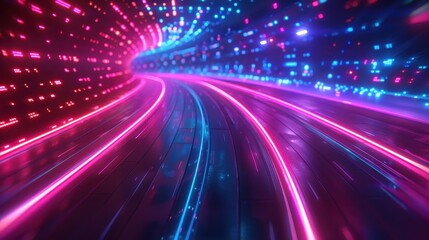 Poster - Neon Lights Illuminate Futuristic Curved Highway