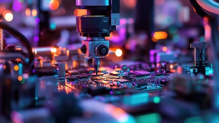 Poster - Close-up of a precision instrument inspecting a circuit board in a colorful tech environment.