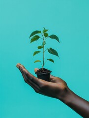 Poster - Gentle hands cradle a small seedling in a black pot, showcasing care for nature against a bright blue backdrop. Generative AI