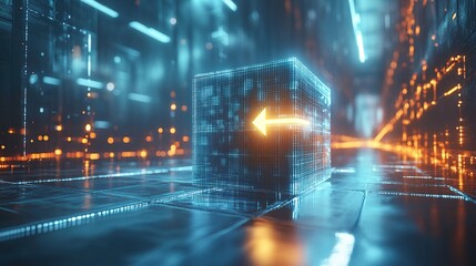 Poster - A glowing cube in a futuristic digital environment with illuminated pathways.